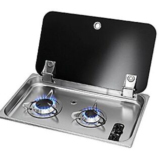 Rectangular built-in stainless gas hob with 2 burners and lid