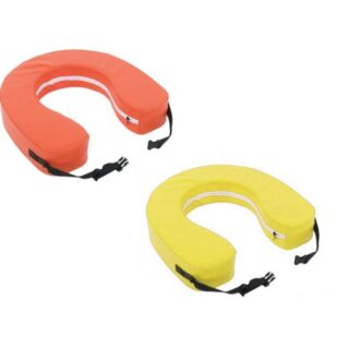 Horseshoe life buoy made of closed-cell foam with protective cover, designed for man-overboard recovery.