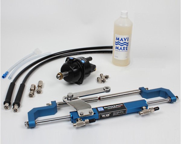 Υδραυλικό Σύστημα Τιμονιού Εξωλέμβιας (Front-Mount Bullhorn) έως 150 HP 1 Outboard hydraulic steering kit with bullhorn front-mount cylinder, 2×5 m hoses and 1 L oil