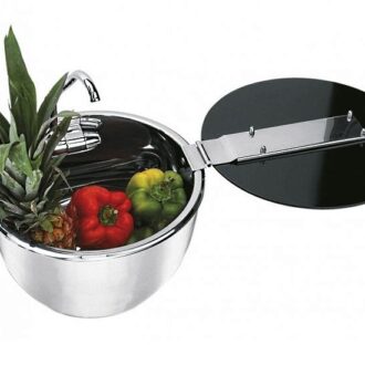 Στρογγυλός νεροχύτης Inox Φ38 cm με βρύση και γυάλινο καπάκι. Λύση εξοικονόμησης χώρου για γκαλερί σκαφών ή campers, με εύκολο καθάρισμα και ανθεκτικότητα.