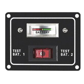 Marine battery indicator panel with BAT 1 / BAT 2 selector