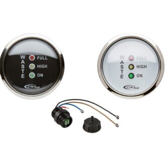 Marine waste tank gauge with LED indicators for ON, HIGH and FULL levels