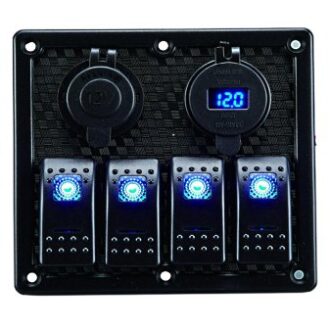 4-gang marine switch panel with cigar socket, USB charger and digital voltmeter (12/24V)