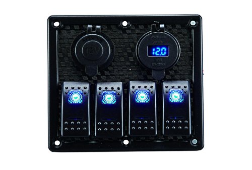 Πίνακας 4 Θέσεων με Πρίζα Αναπτήρα + USB + Ψηφιακό Βολτόμετρο (12/24V) 1 4-gang marine switch panel with cigar socket, USB charger and digital voltmeter (12/24V)