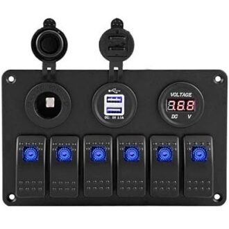 4-gang marine switch panel with cigar socket, USB charger and digital voltmeter (12/24V)