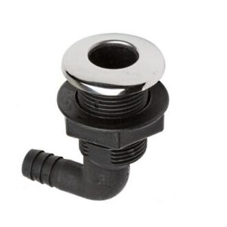 Angled stainless hose drain fitting with cap for 16–38 mm hoses