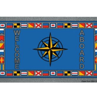 Blue boat doormat “WELCOME ABOARD” with compass and signal flags
