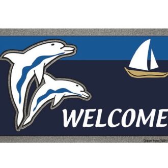 Navy boat doormat “WELCOME ON BOARD” with dolphins