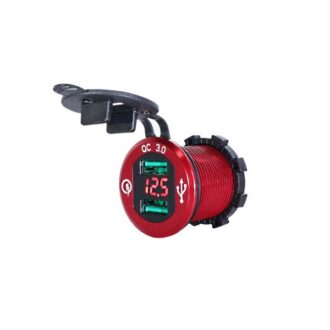 Flush dual USB socket with voltmeter, red, 12/24V