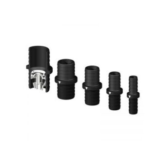 Straight hose connector with integrated non-return check valve (13–50 mm)