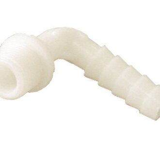 Plastic hose elbow with 3/8 inch thread and 12 mm barb