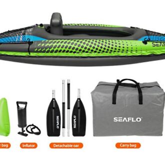 Single inflatable kayak set with seat, paddle, hand pump, repair kit and carry bag