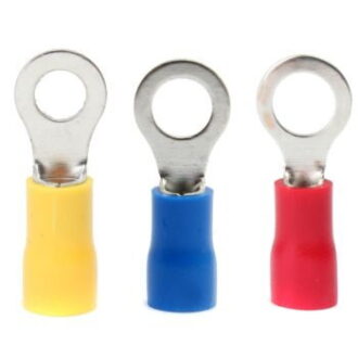 Insulated ring terminals, tin-plated copper (red, blue, yellow) for marine wiring