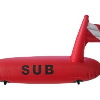 Large diver buoy with red body and “Diver Down” flag