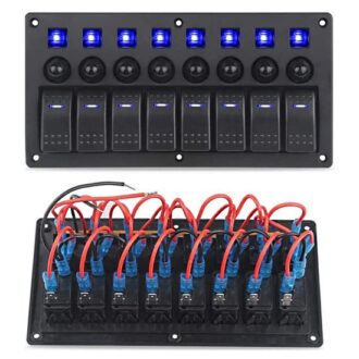8-gang marine rocker switch panel with LED indicators and resettable breakers (12/24 V)