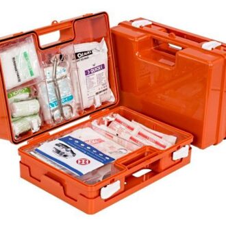 CE-certified marine first aid kit in orange hard case (Box 1) with assorted medical supplies