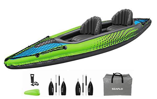 Φουσκωτό καγιάκ διπλό Seaflo 3,51 m × 76 cm × 38 cm – 2 ενήλικες, 160 kg, πλήρες σετ 1 Seaflo inflatable double kayak 351×76×38 cm – complete set with two paddles, seats, hand pump, repair kit and carry bag