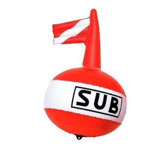 Small round diver marker buoy with “Diver Down” flag