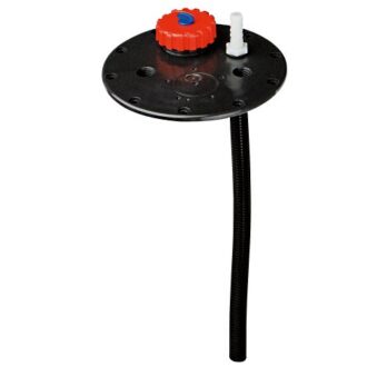 Water tank top flange with screw cap and hose barb (round plate)