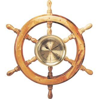 Wooden ship’s wheel wall clock with brass dial