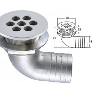 Narrow stainless steel marine deck drain 90-degree