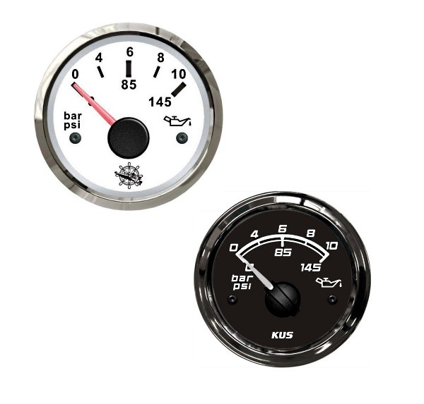 Όργανο πίεσης λαδιού Inox 0–10 bar (λευκό ή μαύρο) 1 Stainless steel 0–10 bar oil pressure gauge 52 mm – white and black