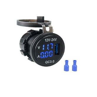 Recessed USB socket with voltmeter and ammeter display