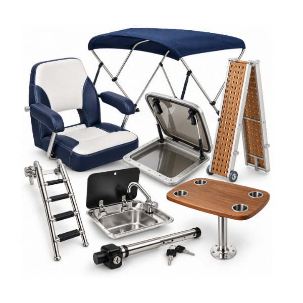 Permanent boat equipment including marine seats, deck hatches, boarding ladders, bimini tops, cockpit tables and galley fittings
