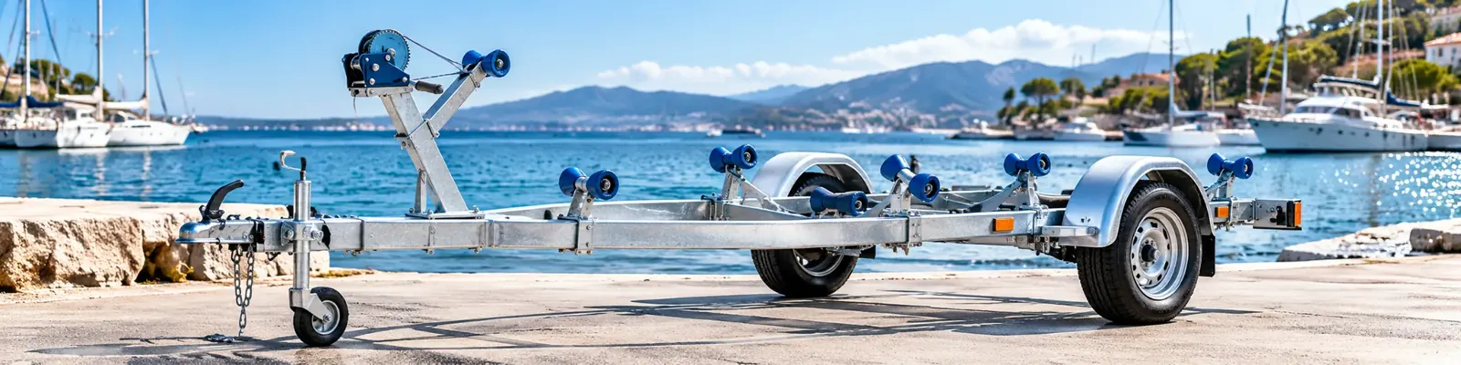 Galvanized boat trailer with adjustable rollers, winch, wheels and towing equipment beside a Mediterranean marina