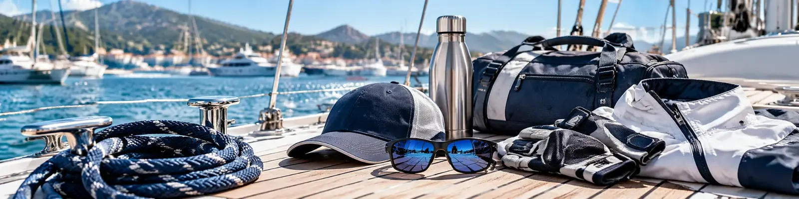 Sailing crew accessories including waterproof jacket, sailing gloves, cap, sunglasses and marine gear bag on a yacht deck