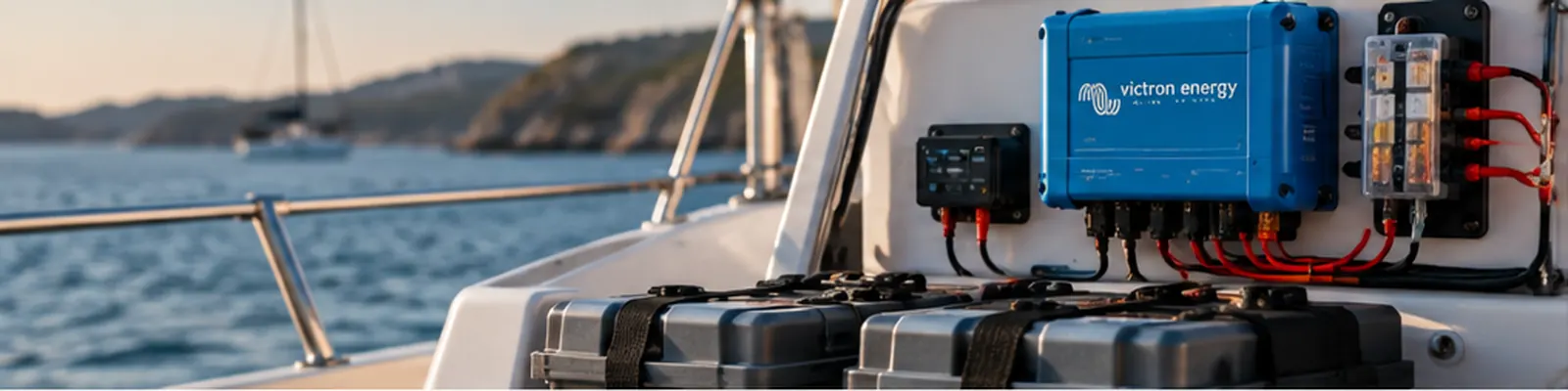 Marine electrical equipment with batteries, cables, switches, fuses and electrical components for boats