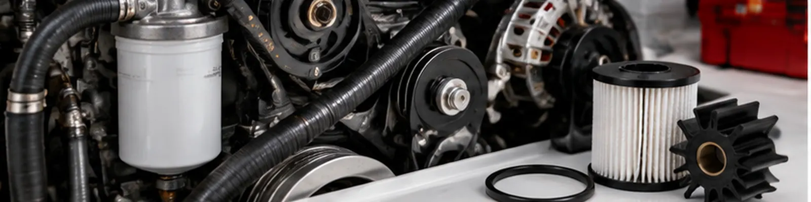 Marine engine maintenance equipment with oil filters, impellers, belts and engine spare parts