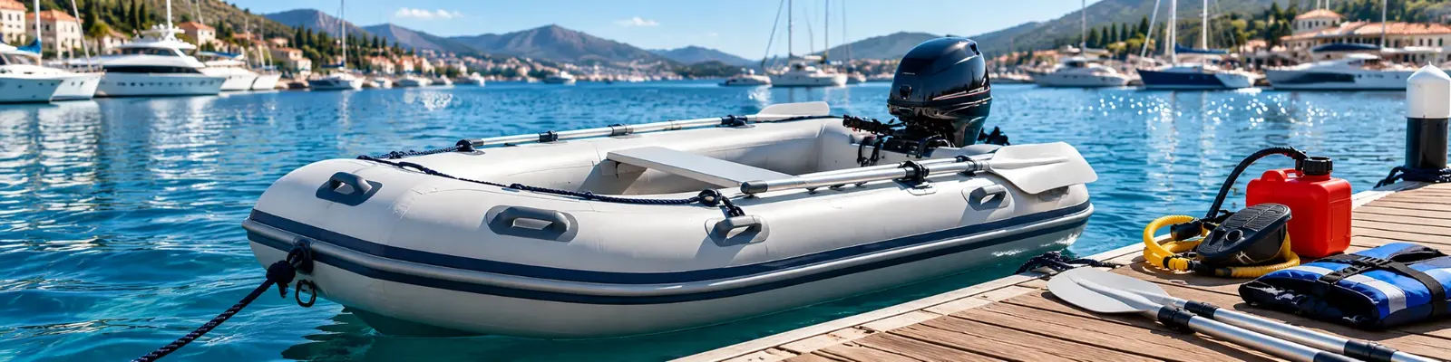 Inflatable dinghy with outboard motor moored at a Mediterranean marina
