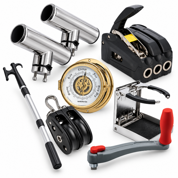 Marine boat accessories – Stainless steel rod holders, rope clutch, sailing block, winch handle, boat hook, cup holder and brass barometer