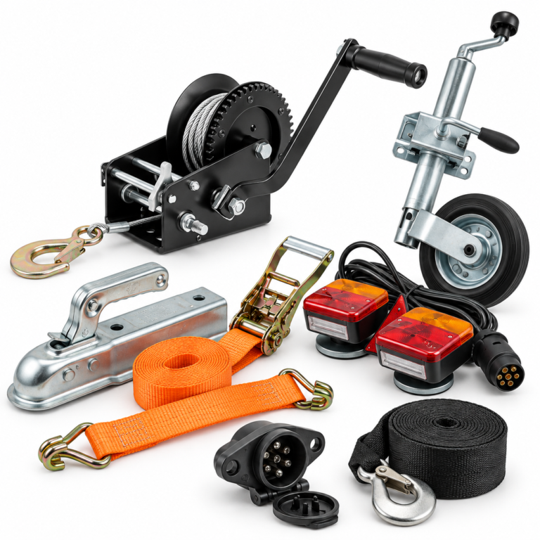 Boat trailer equipment including hand winch, jockey wheel, trailer coupling, ratchet tie-down straps, LED lights and trailer connectors
