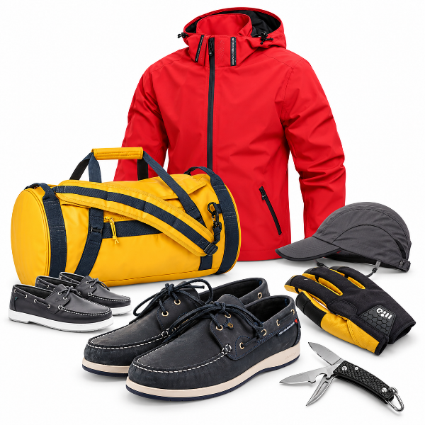 Marine crew accessories – Sailing jacket, deck shoes, sailing gloves, waterproof duffel bag, sailing cap and marine knife