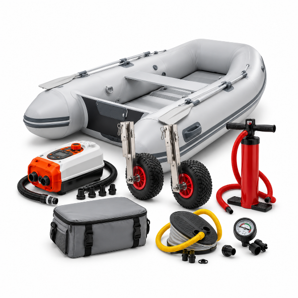Inflatable boats and accessories including PVC dinghy, electric air pump, launching wheels, hand pump and inflatable boat equipment
