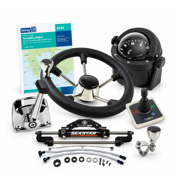 Marine navigation and steering equipment including boat steering wheel, magnetic compass, throttle control, hydraulic steering cylinder and bow thruster controls