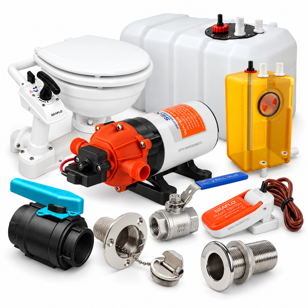 Marine plumbing equipment including bilge pumps, freshwater pressure pump, marine toilet, water tank, valves and deck fittings