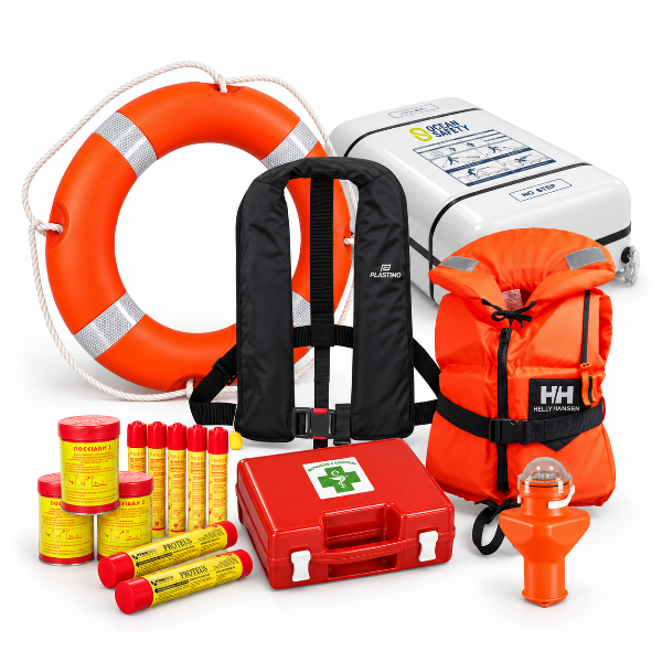Marine safety equipment including SOLAS lifebuoy, inflatable life jacket, liferaft, emergency flares and first aid kit