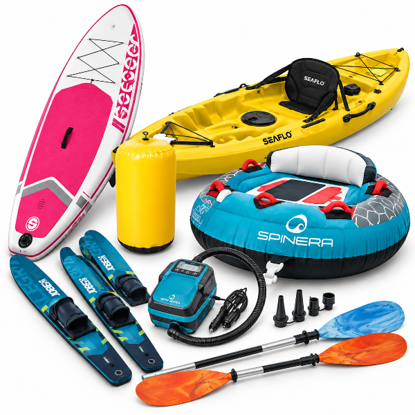 Water sports equipment including inflatable SUP paddleboard, kayak, towable tube, water skis, paddles and electric SUP pump
