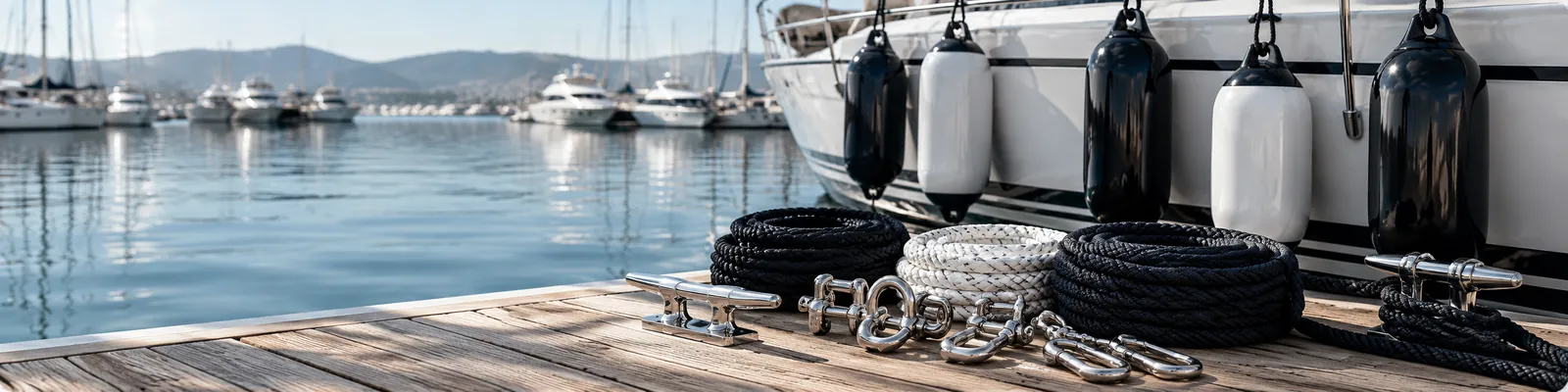 Marine mooring equipment with boat fenders, ropes and stainless steel fittings at a marina