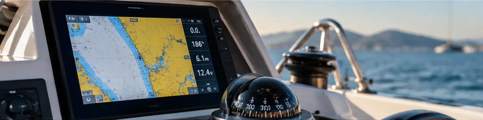 Marine navigation equipment with GPS chartplotter, compass, nautical charts and binoculars on a yacht