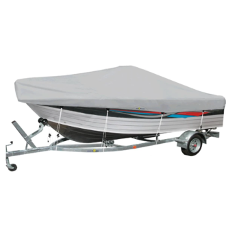 Oceansouth grey center console boat cover fitted on a trailer boat