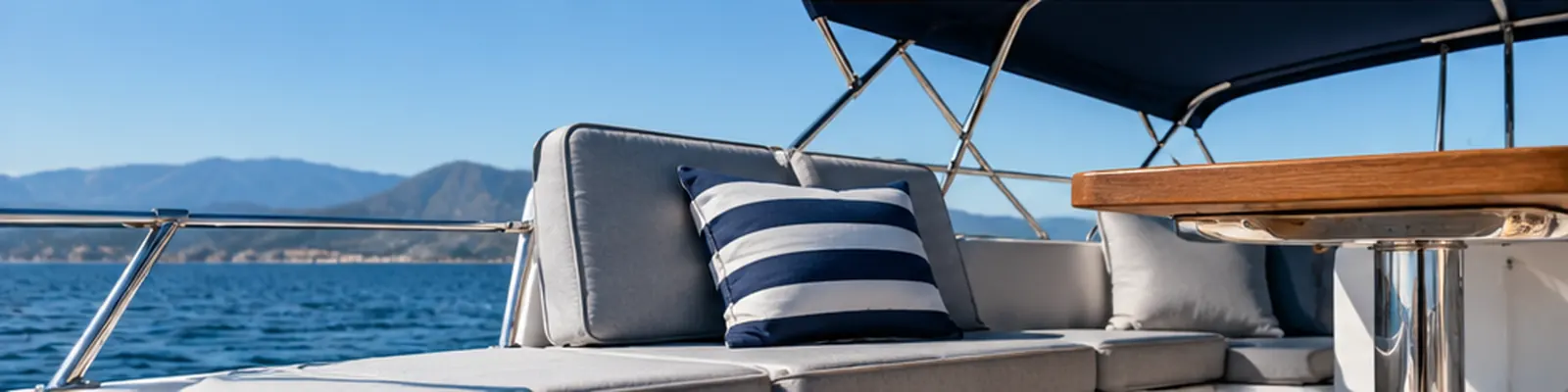 Comfortable yacht cockpit with cushioned seating, marine table and onboard galley equipment