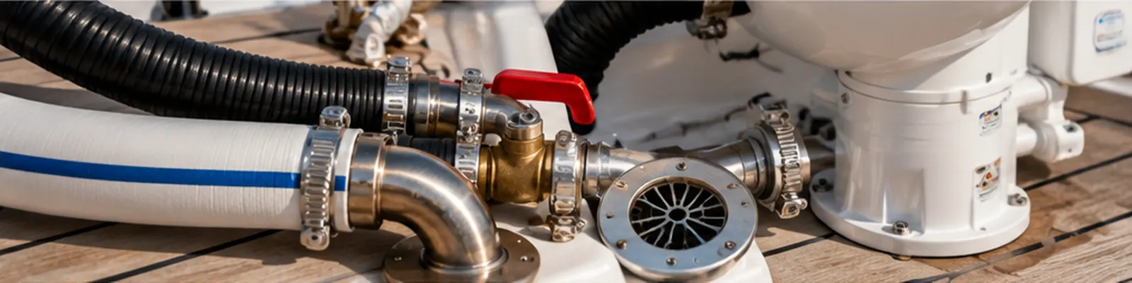 Marine plumbing equipment with hoses, valves, pipe fittings and water system components on a boat