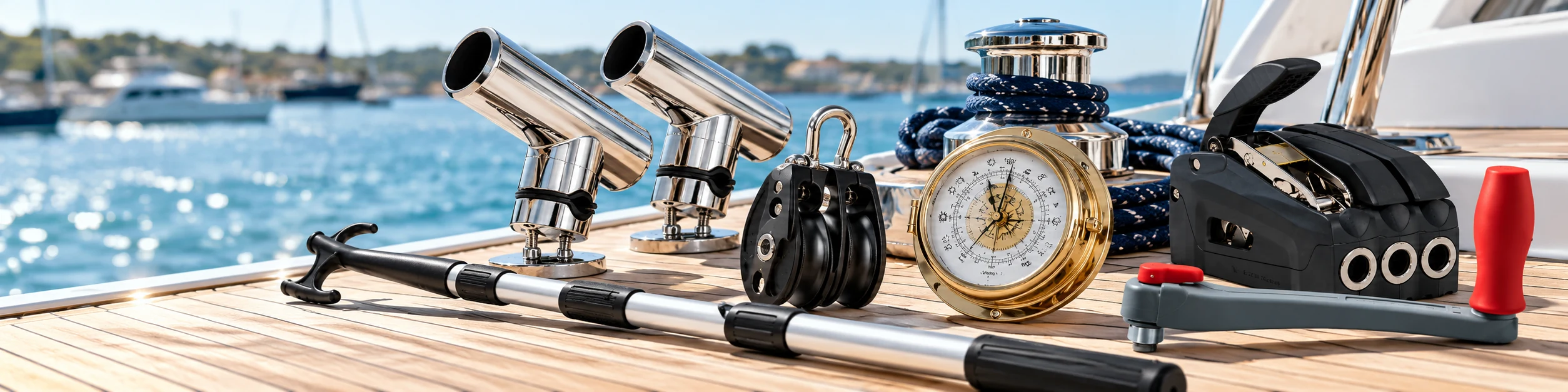 Marine boat accessories with deck cleaning supplies, maintenance tools and protective equipment