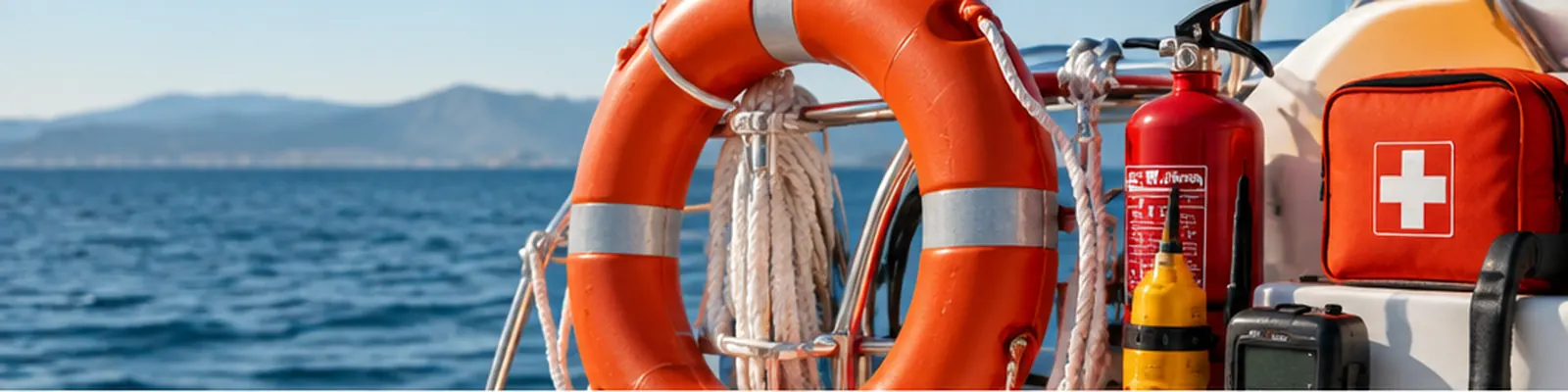 Marine safety equipment with lifebuoy, fire extinguisher, first aid kit and handheld radio on a boat