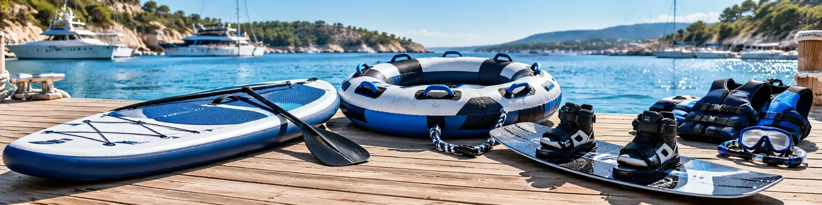 Water sports equipment including paddleboard, towable inflatable tube, wakeboard and snorkeling gear by the sea